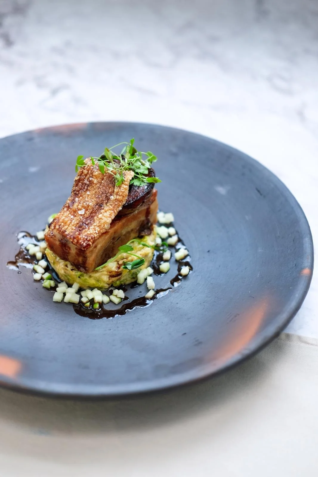 A gourmet dish with a seared piece of pork belly topped with microgreens, served on a bed of puréed vegetables with a drizzle of balsamic reduction and garnished with diced vegetables and sauce around it.