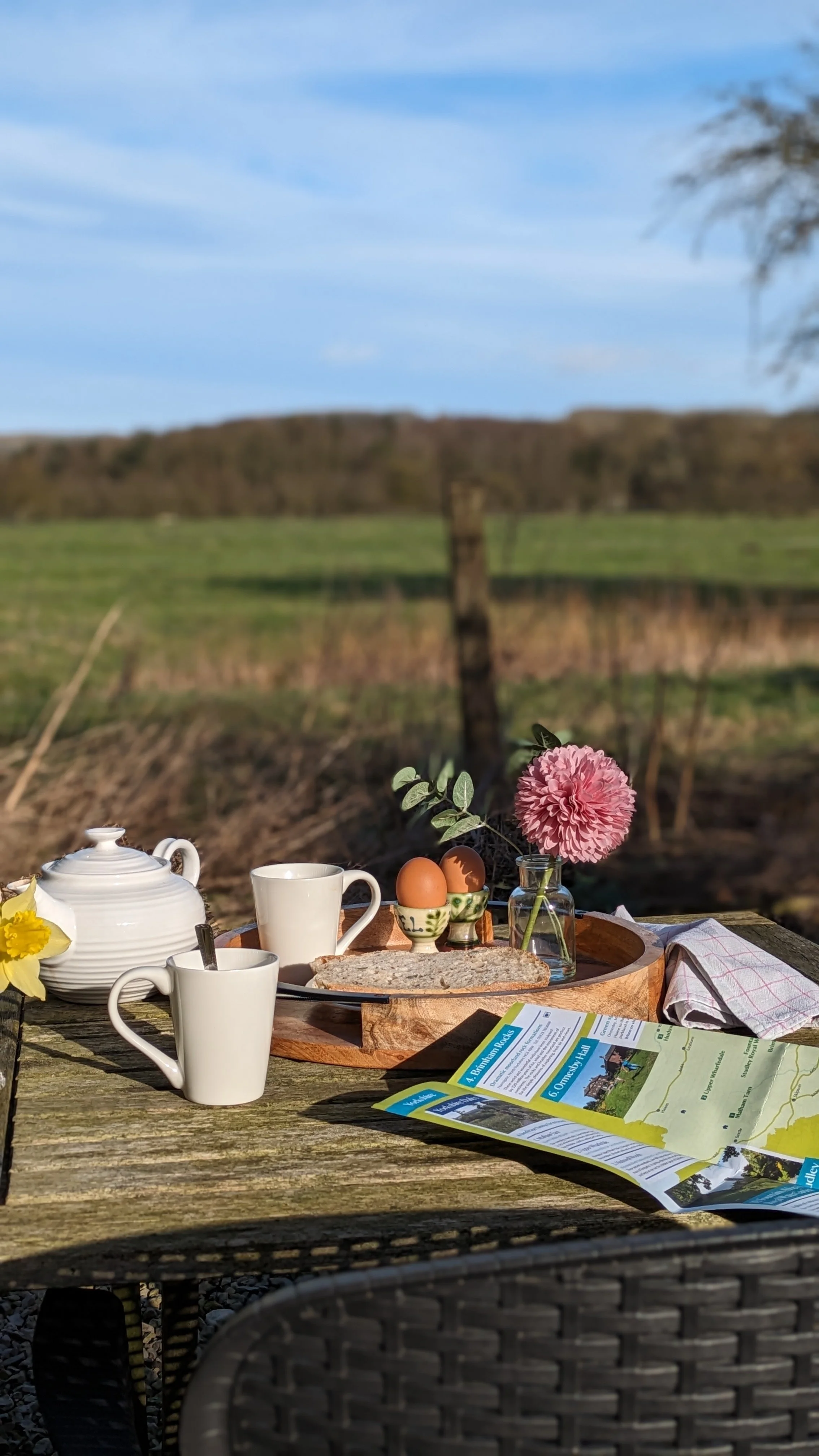 A rustic outdoor breakfast setup on a wooden table with a teapot, two white mugs, a plate with bread, a newspaper, a small vase with a pink flower, an eggshell with two eggs, and a cloth napkin, set against a scenic countryside background with green 