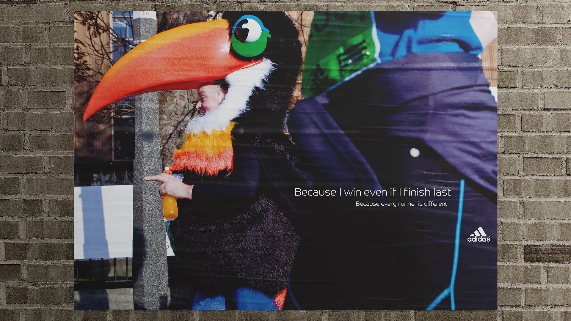 Guinness Toucan at Dublin Marathon race in costume - Advertising for Adidas running.