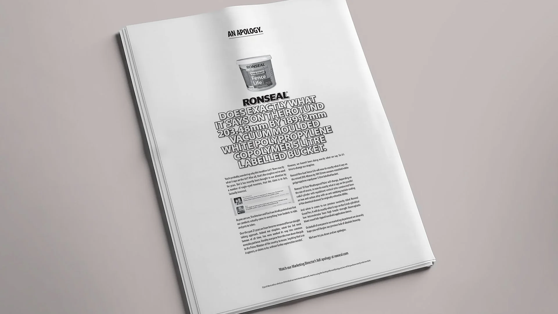 Full-page national press print ad featuring Ronseal Apology announcing their new tagline.