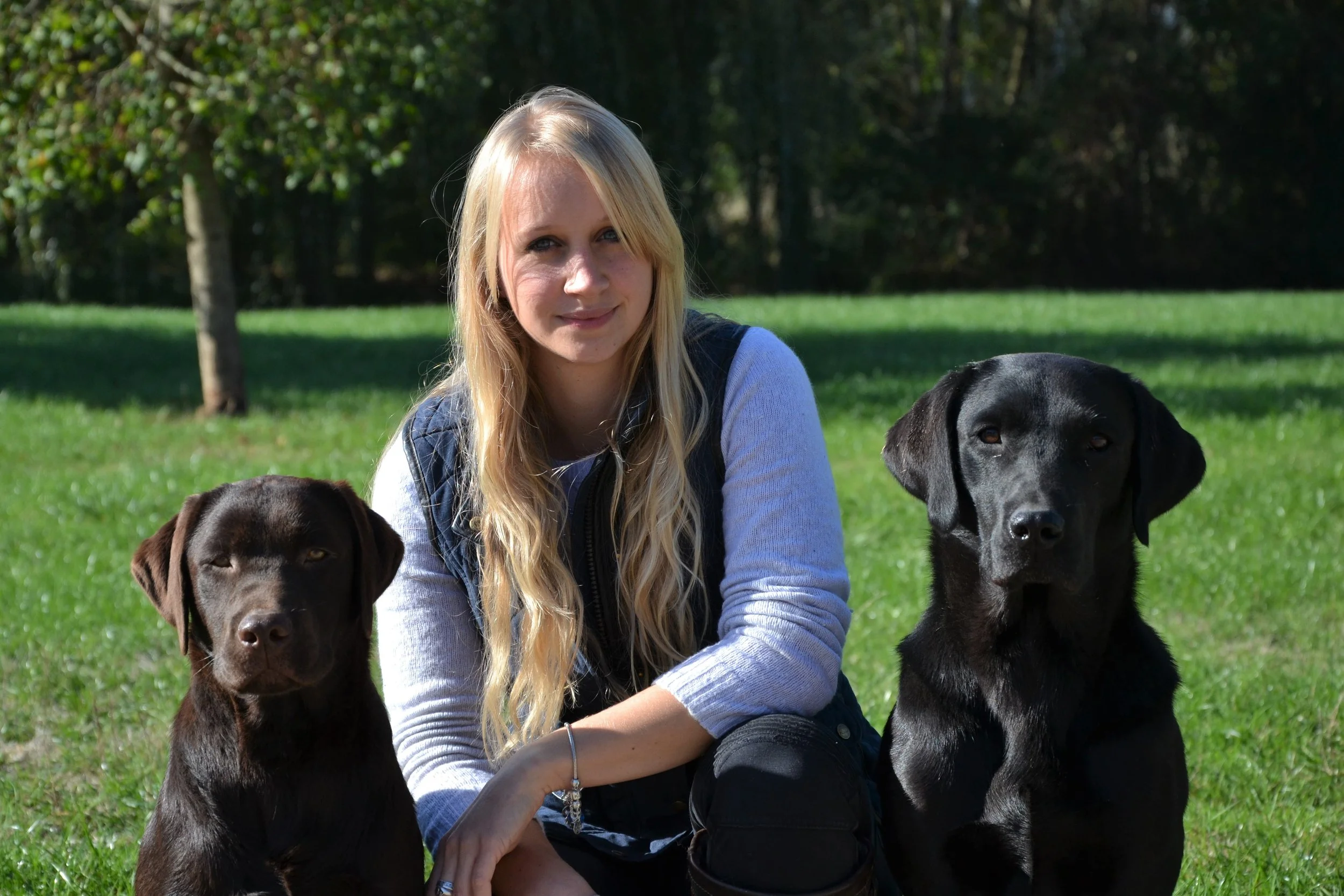 Une femme avec deux chiens noirs assis dans un parc ensoleillé avec des arbres en arrière-plan.