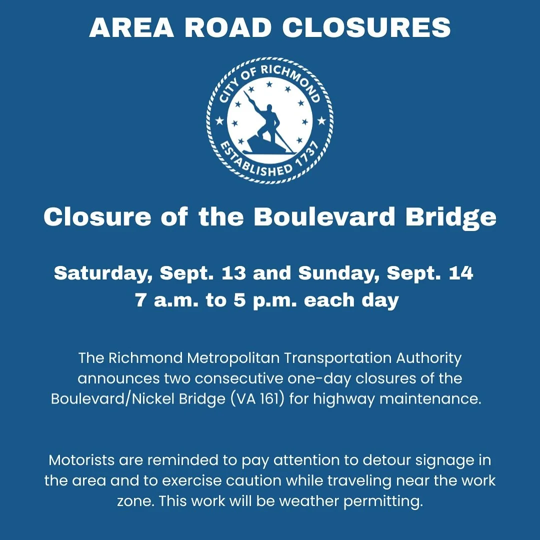 Nickel Bridge will be closed for routine maintenance 7 a.m.-5 p.m. this Saturday and Sunday. If you’re coming to the @43rdstreetfestival from the north side of the city, please use alternate routes like Powhite, Chippenham, or Belivdere Bridges