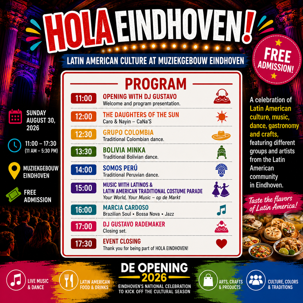 Programa de Hola Eindhoven 2026, celebración de cultura latinoamericana durante DE OPENING en Eindhoven