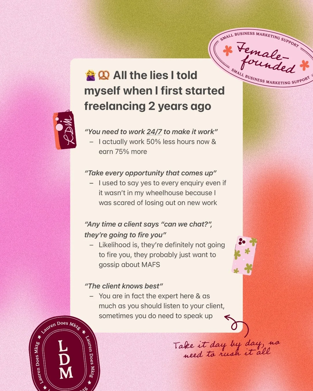 Some of the lies I told myself when I first went self-employed were wild 😅

And it definitely didn&rsquo;t help that there&rsquo;s so much online about how you should be when you&rsquo;re working for yourself&hellip;

➡️ My biggest pet peeve: &rdquo