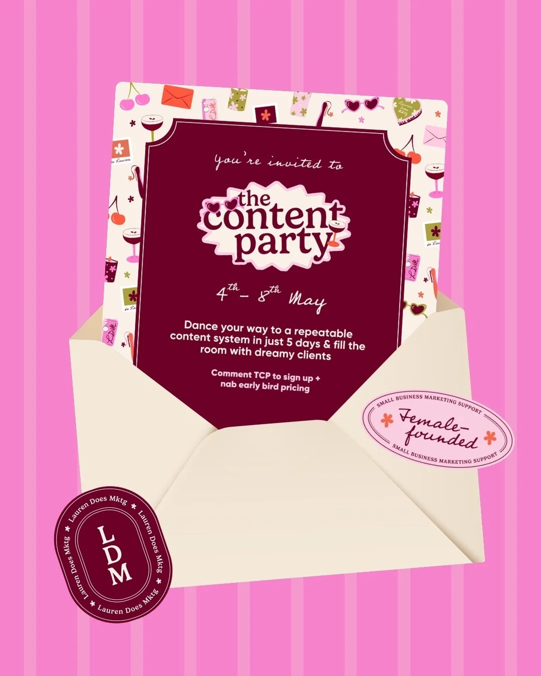 Who&rsquo;s ready to PARTY?! 🥳

The Content Party is a 5-day shindig where we get down with your content foundations, your planning process + your Instagram feed, making the whole thing repeatable, YOU + a 10/10 experience for your dreamy clients.

