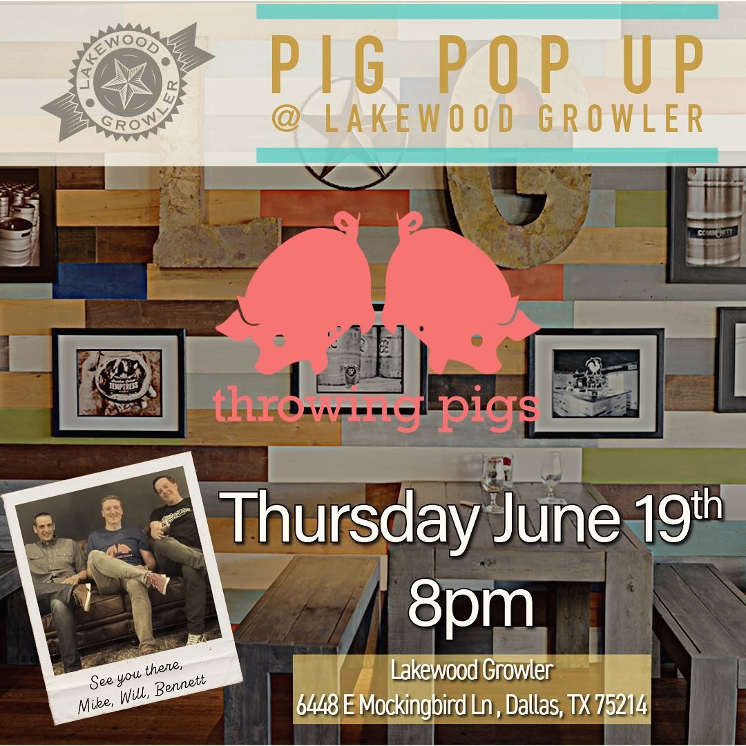 Y’all - not one but TWO chances to see us this coming week. Lil Pig Pop Up show @lakewood_growler on Thursday evening (June 19th) and Saturday afternoon (June 21st) at THE BEST beer garden in Dallas @lakewoodbrewing!