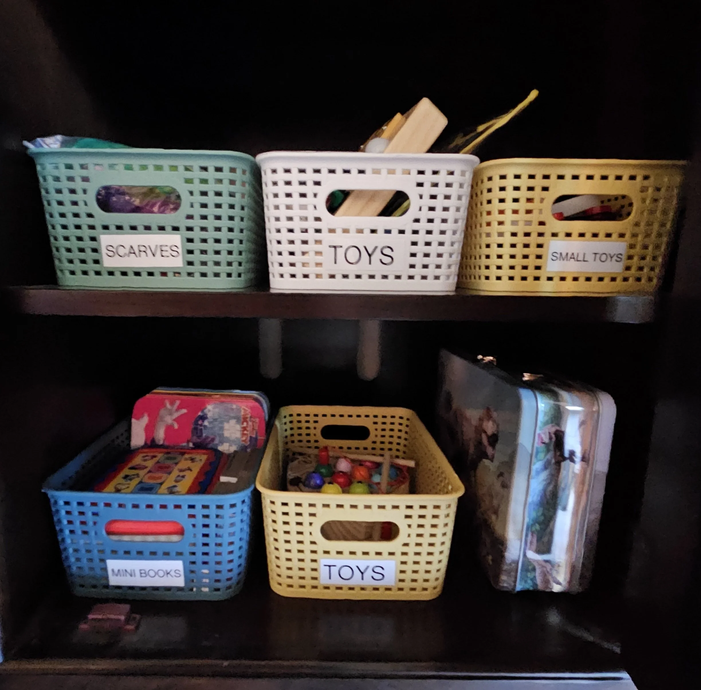 Labeled plastic bins in a cabinet storing toddler toys. Professional organizing by Howard County, MD organizer.