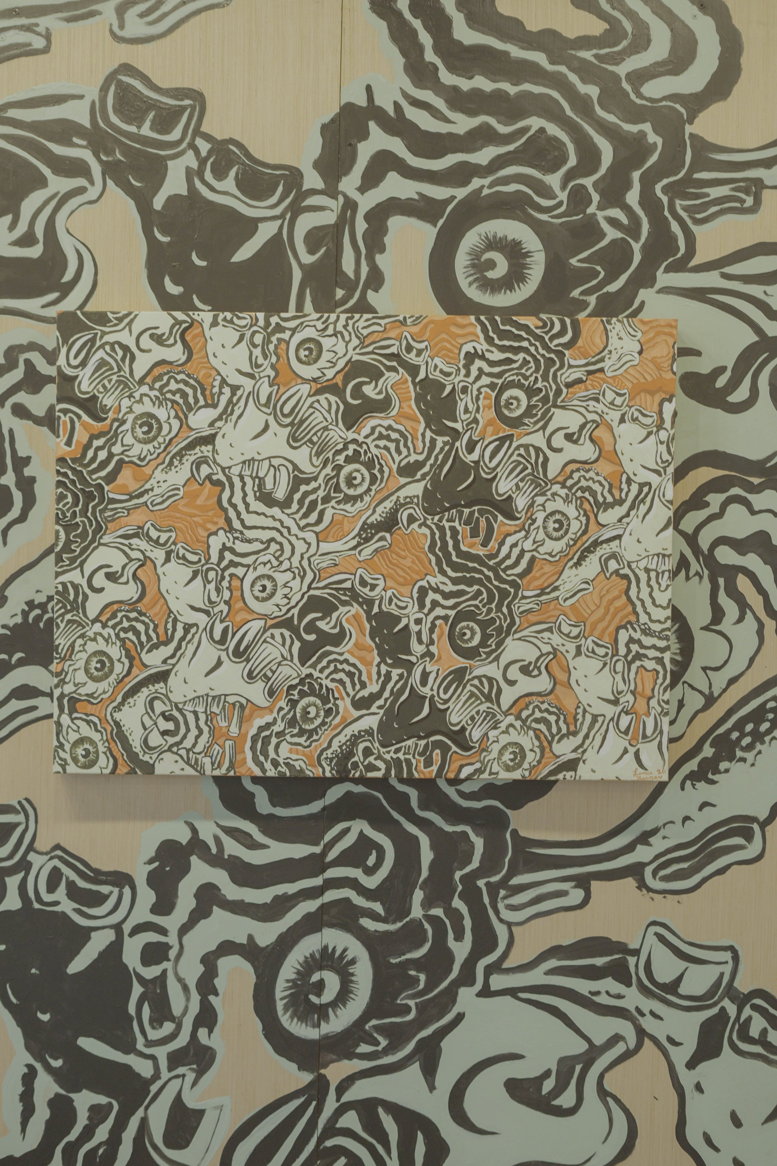 "Alternating Inverse Canvas", 2026, acrylic on canvas, 30"x40" layered on top of "Alternating Inverse Wall", 2026, acrylic on plywood, 96"x144"