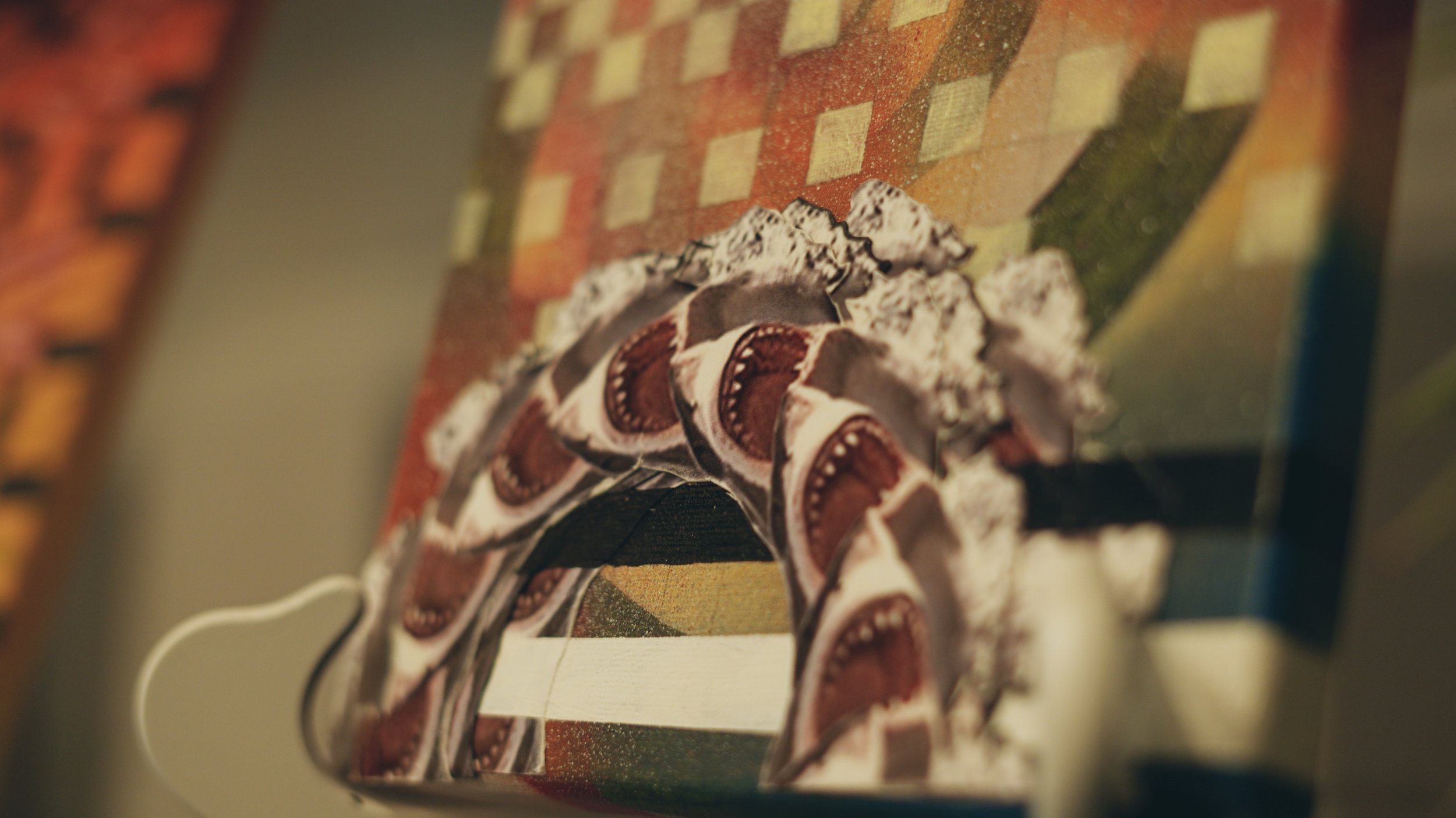 Close-up of "Untitled", 2023, acrylic and collage on canvas, 8"x10" 