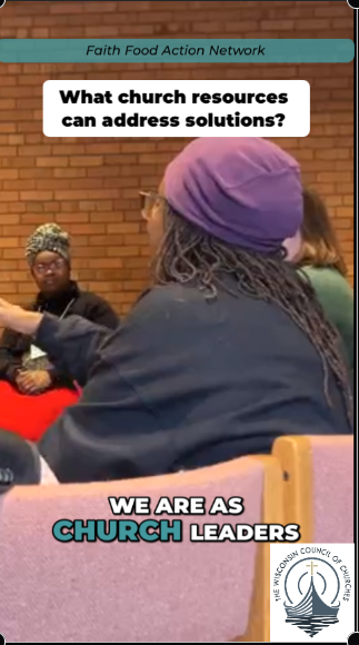 Near the top of the image, a narrow teal band contains thin, black, italicized text reading, “Faith Food Action Network.” Below that band, a white rectangle with rounded corners contains black text reading, “What church resources can address solution