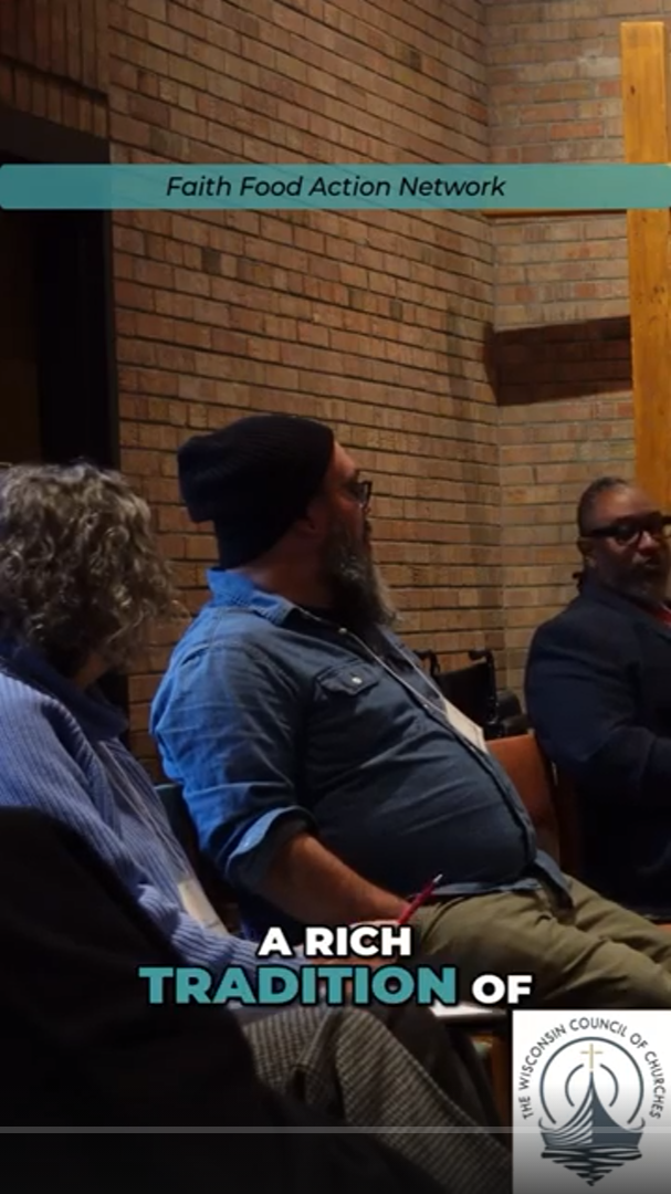 Near the top of the image, a narrow teal band contains thin, black, italicized text reading, “Faith Food Action Network.” Three people sit in a room with tan brick walls. A caption appears centered near the bottom of the image, reading “A rich tradit