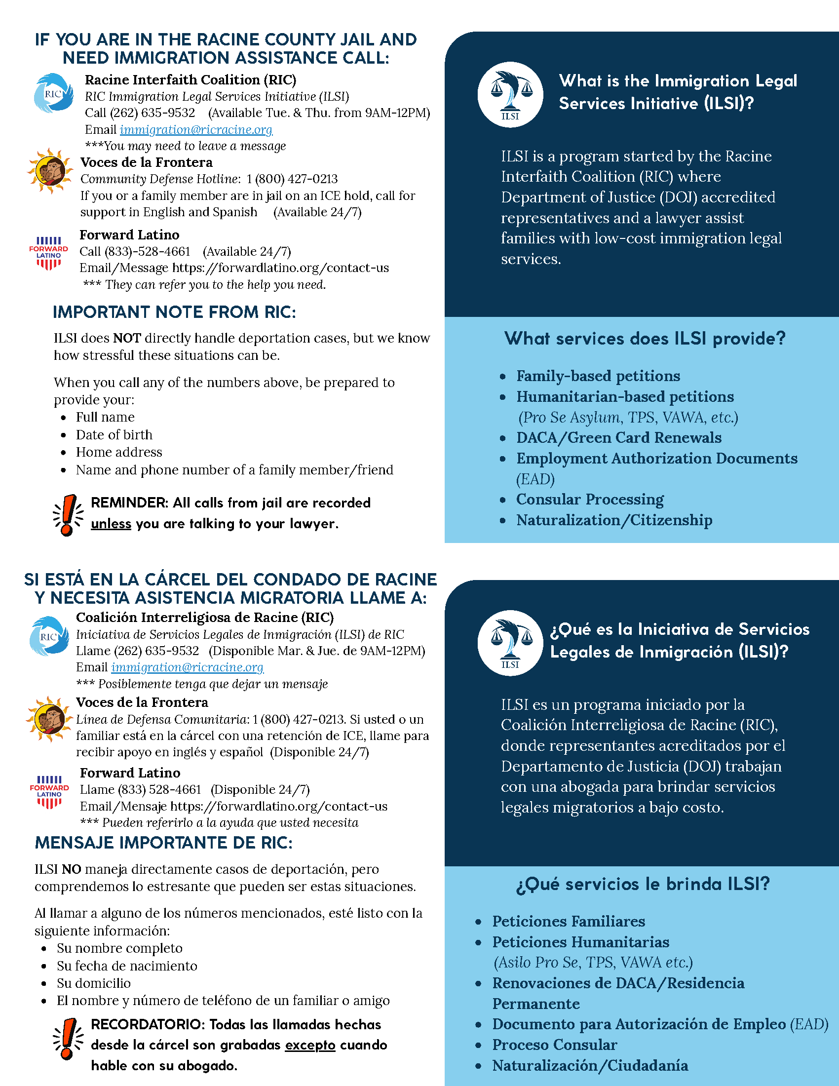 Flyer produced by RIC for immigrants detained in Racine County Jail, with information in English and Spanish, including contact info for RIC, Voces de la Frontera, and Forward Latino.