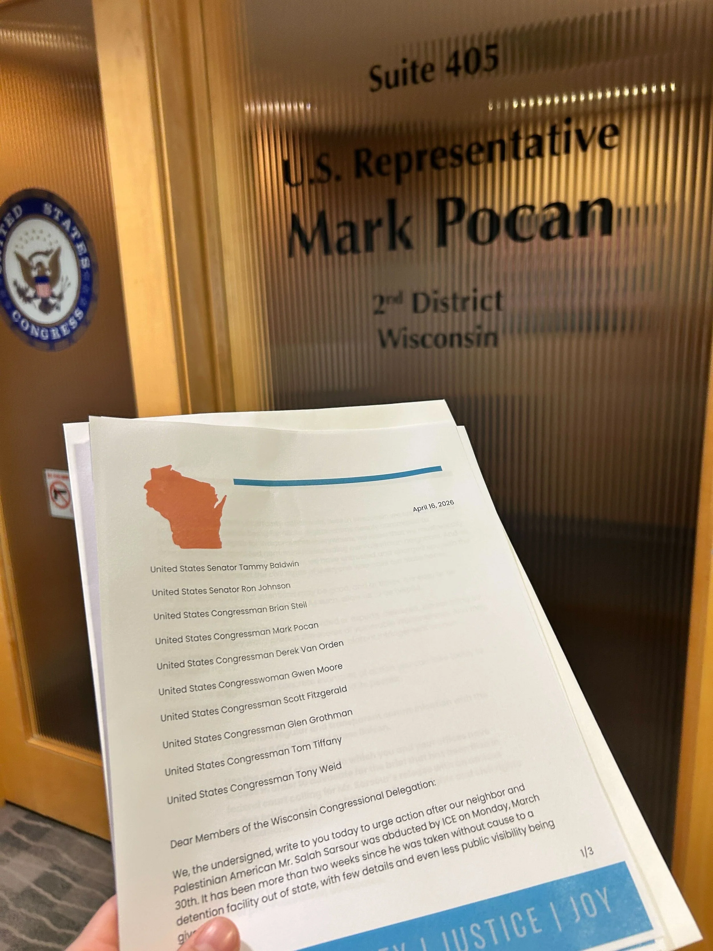 A copy of the letter was hand-delivered to Representative Mark Pocan's office in Madison.