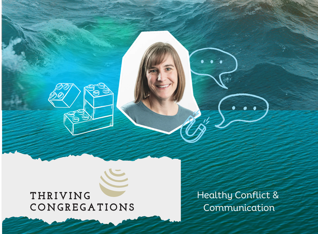 Aqua waves in the upper background, and calmer aqua water as the lower background. Centered: the white outline of an irregular shape contains a photo of a white woman with brown hair. Lower right: text reading "Healthy Conflict & Communication."