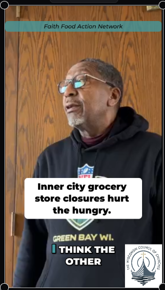 An African American man in a Green Bay Packers sweatshirt stands in front of the camera. Near the center of the image, a white box contains black block letters reading, “Inner city grocery store closures hurt the hungry.” The logo of the Wisconsin Co