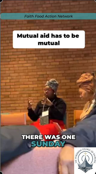 Near the top of the image, a narrow teal band contains thin, black, italicized text reading, “Faith Food Action Network.” Below that band, a white rectangle with rounded corners contains black text reading, “Mutual aid has to be mutual.” People sit i