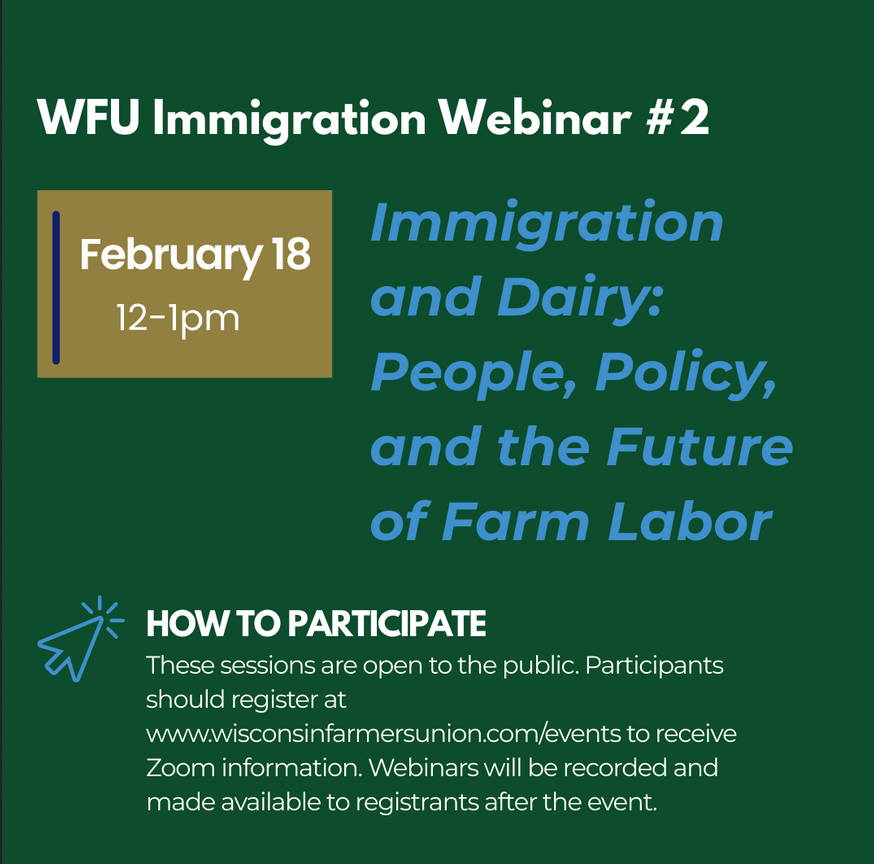 Forest green square. Near the top, white text reads, “WFU Immigration Webinar #2.” To the left, under the header, an ochre rectangle with a thin, medium blue line down the left side with white text that reads, “February 18, 12-1pm.”