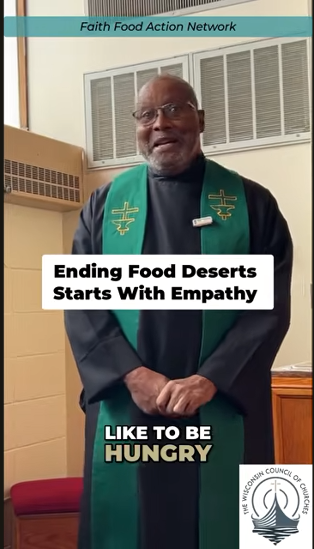 An African American man in clerical garb stands facing the camera.  Near the center of the image, a white box contains black block letters reading, “Ending Food Deserts Starts With Empathy.” Below the pastor’s hands, captions in white and gold read, 