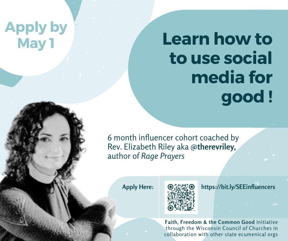 White square with roundeUpper left, white circle with light teal text reading, “Apply by May 1.” Upper right side, rounded teal shape with dark teal text reading, “Learn how to use social media for good!” https://bit.ly/SEEinfluencers