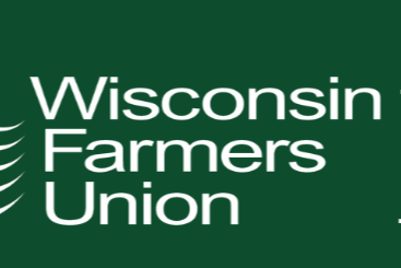 Dark green background with white text reading, "Wisconsin Farmers Union."