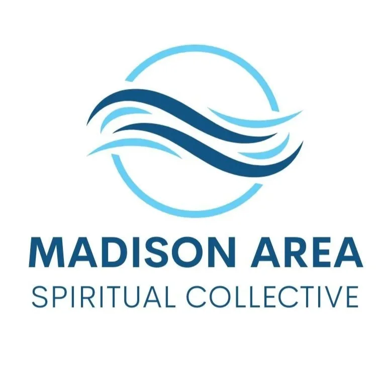 The logo for Madison Area Spiritual Collective – a light blue outline of a circle with light and dark blue waves overlapping the center of the circle above dark blue text reading, “Madison Area Spiritual Collective.”