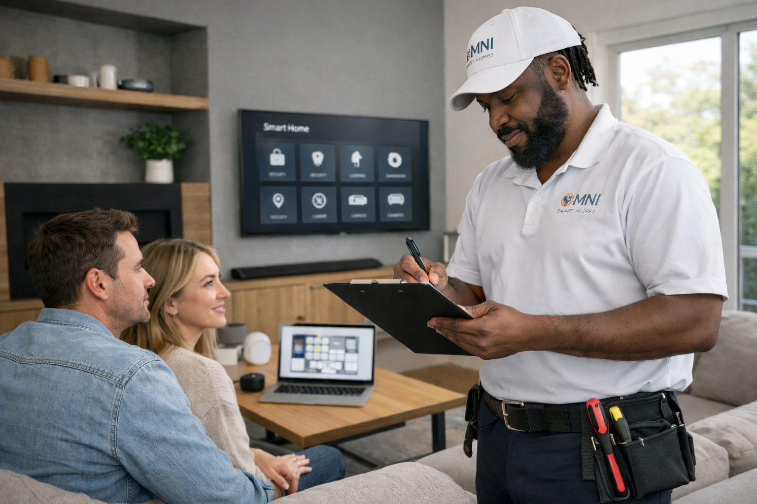 A technician in a white polo shirt and cap takes notes on a clipboard while talking to a couple sitting on a couch in a living room. The living room has a TV displaying a smart home interface and a laptop on the table showing a smart home control panel.
