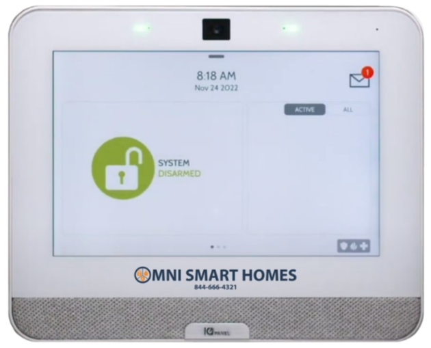 IQ4 Home security panel showing system disarmed status, branded with the company name OMNI SMART HOMES.