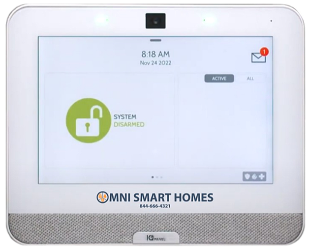 IQ4 Home security panel showing system disarmed status, branded with the company name OMNI SMART HOMES.