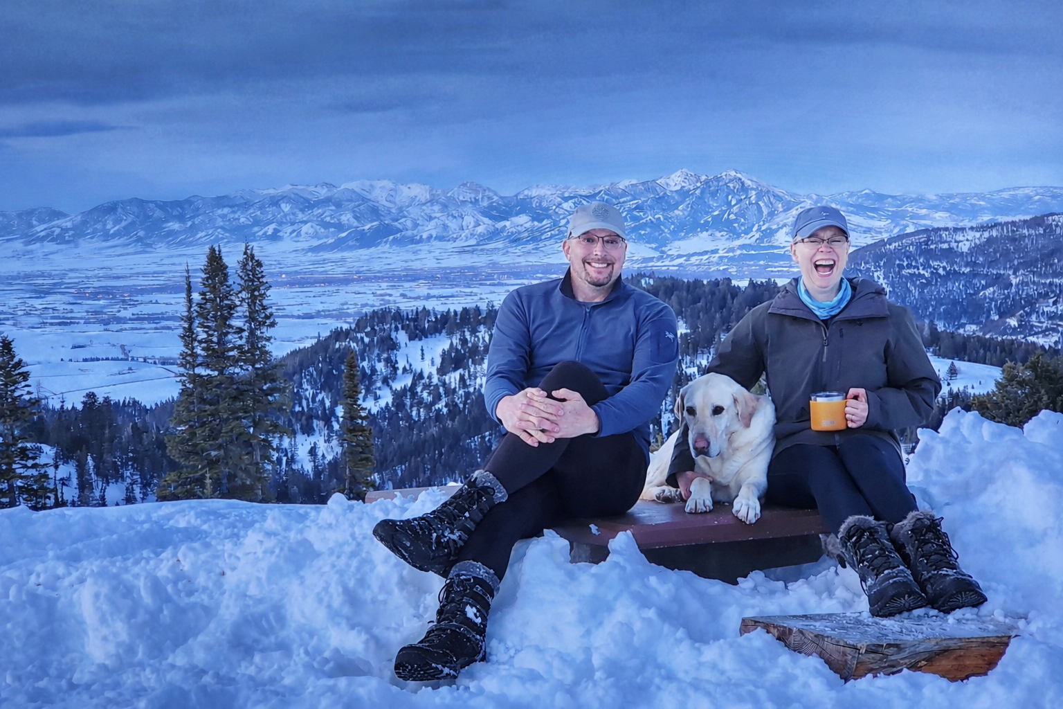 Kittie with husband and dog on winter camping trip in Bozeman