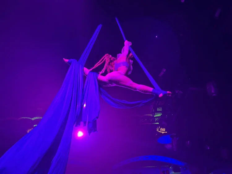 Talia Hazard suspended in purple aerial silks