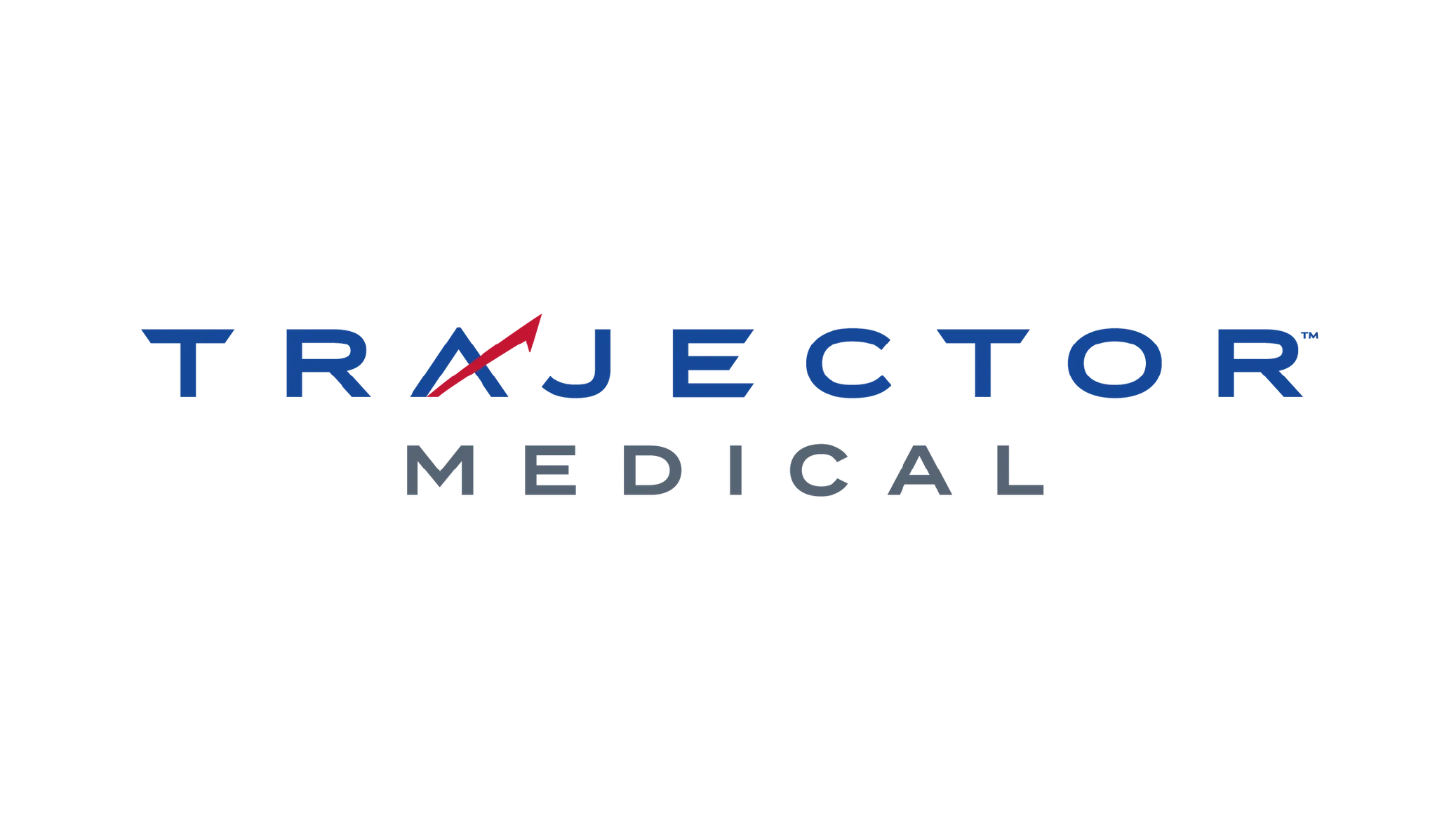 Logo for Trajector Medical with a stylized red upward arrow integrated into the letter A, and bold blue and gray text.