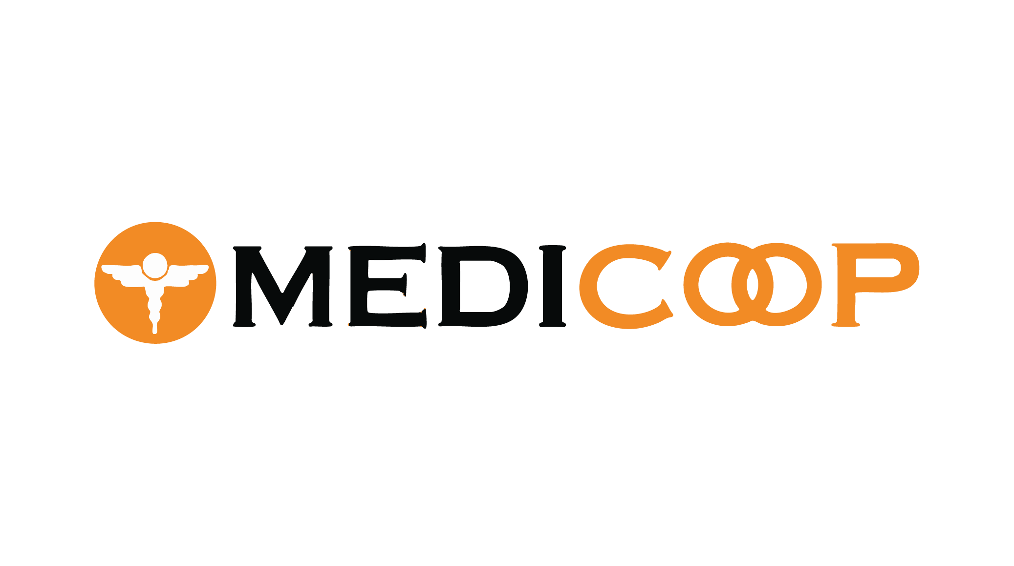 Medicoop logo featuring a caduceus symbol in orange circle with the word 'MEDICOOP' in black and orange text, with 'COOP' partly formed by interlocking orange rings.
