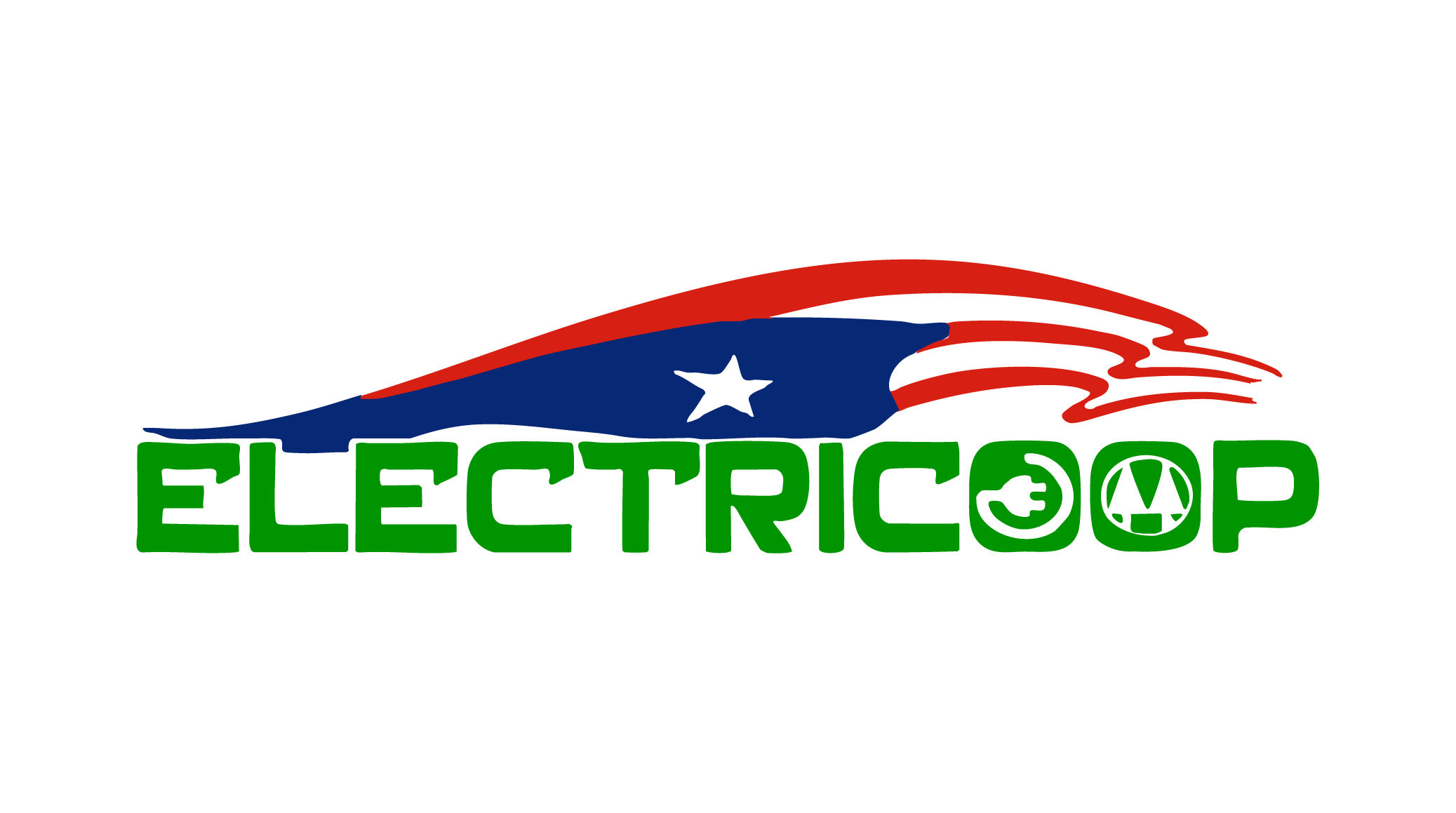 ElectriCoop logo featuring a stylized American flag design with red, white, and blue colors above the green text 'ELECTRICOOP', with electrical symbols replacing the letter 'O' in 'COOP'.
