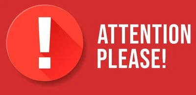 Red background with a white exclamation mark inside a circle and the words 'Attention Please!'
