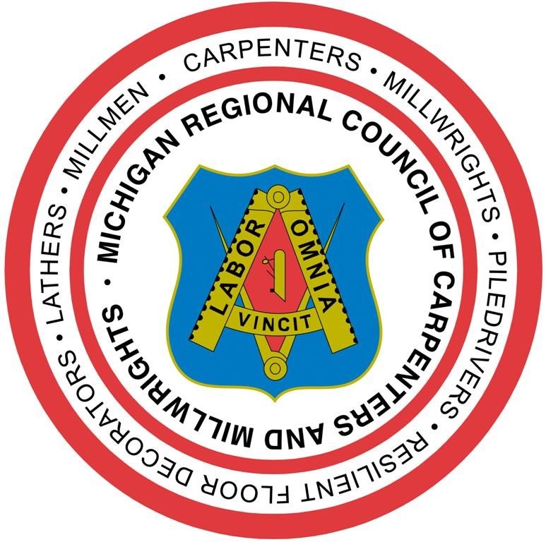 Seal of the Michigan Regional Council of Carpenters featuring a blue shield with a red and yellow compass, and the words "Labor Omnia Vincit". Outer text lists different trades including millwrights, carpenters, millwrights, pile drivers, and more.