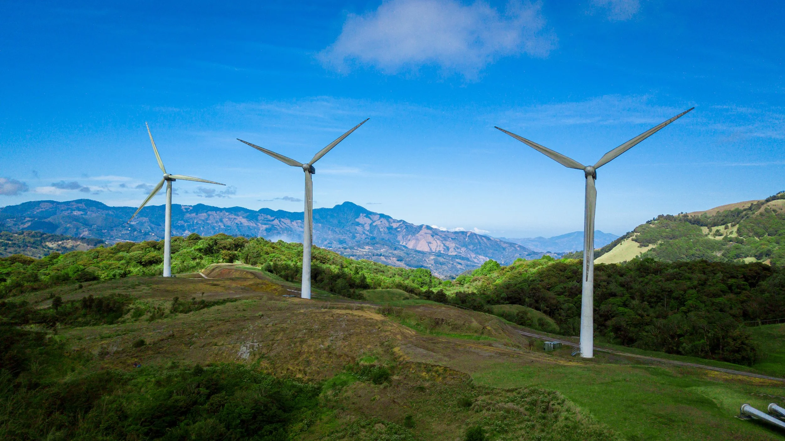 Installed wind turbines on mountain top in rural Costa Rica