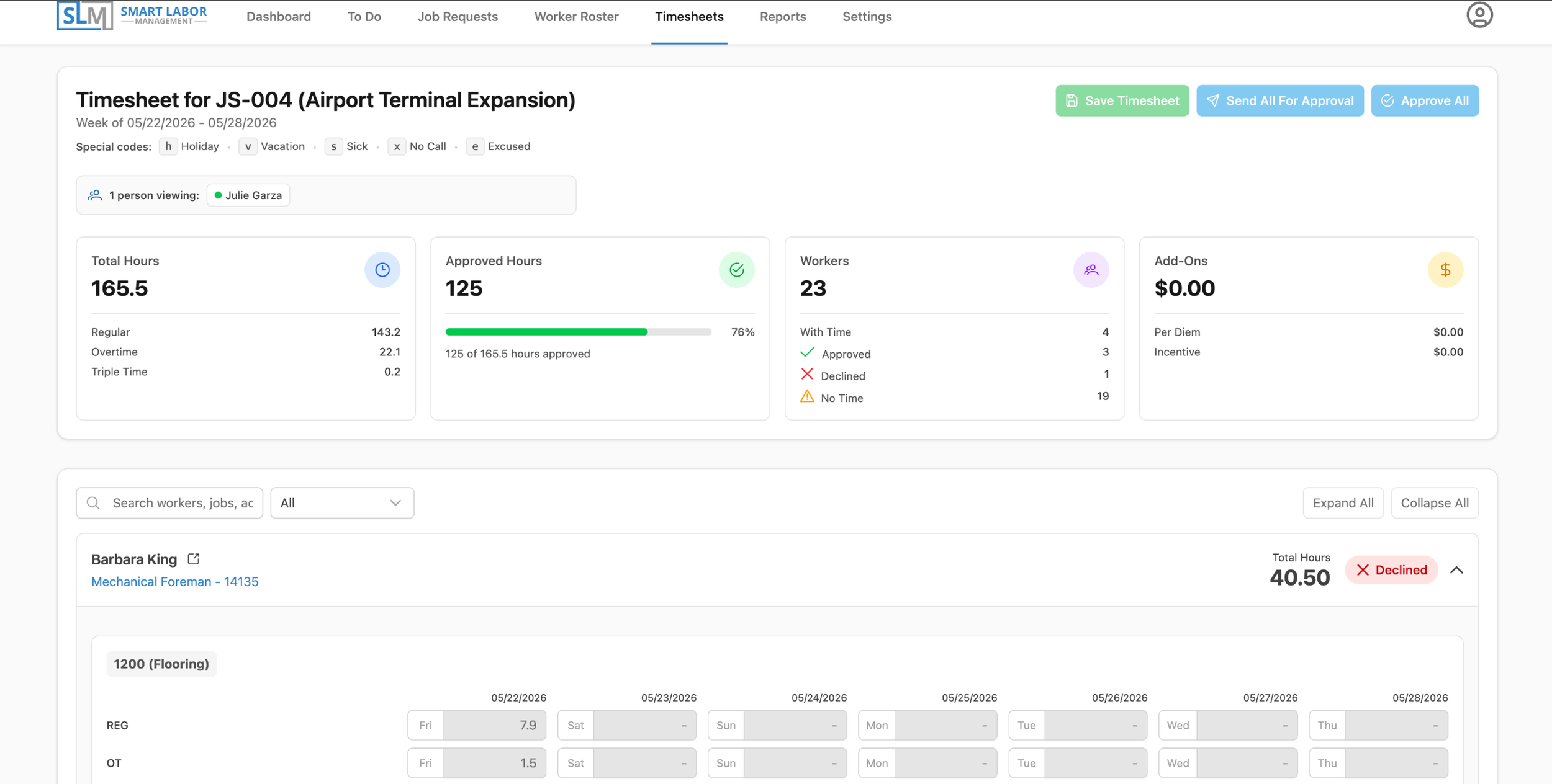 SLM timesheet dashboard tracking temp worker hours and compliance by jobsite