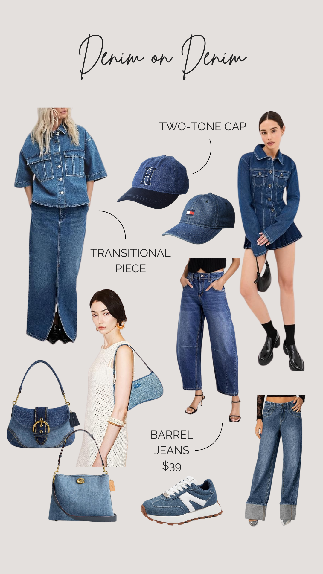 Fashion collage featuring denim clothing and accessories, including a denim jacket, a denim skirt, barrel jeans, and denim bags, along with two-tone caps, sneakers, and a model wearing different denim outfits.