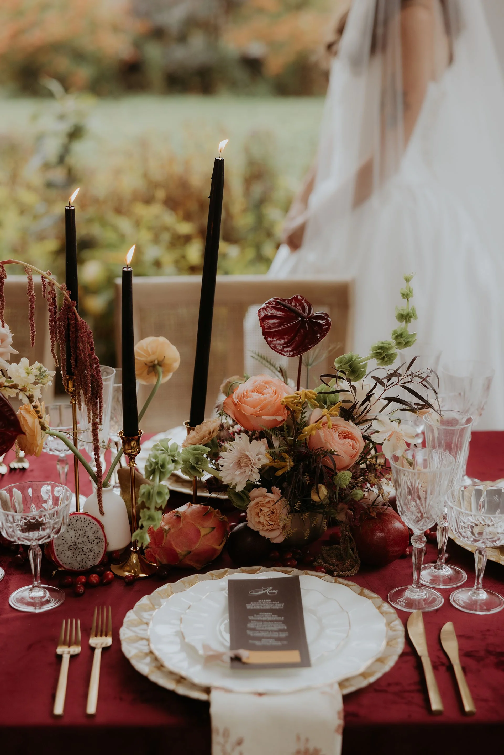Layered tablescape, rich with texture, and whimsical design. Created with seasonal New England flowers