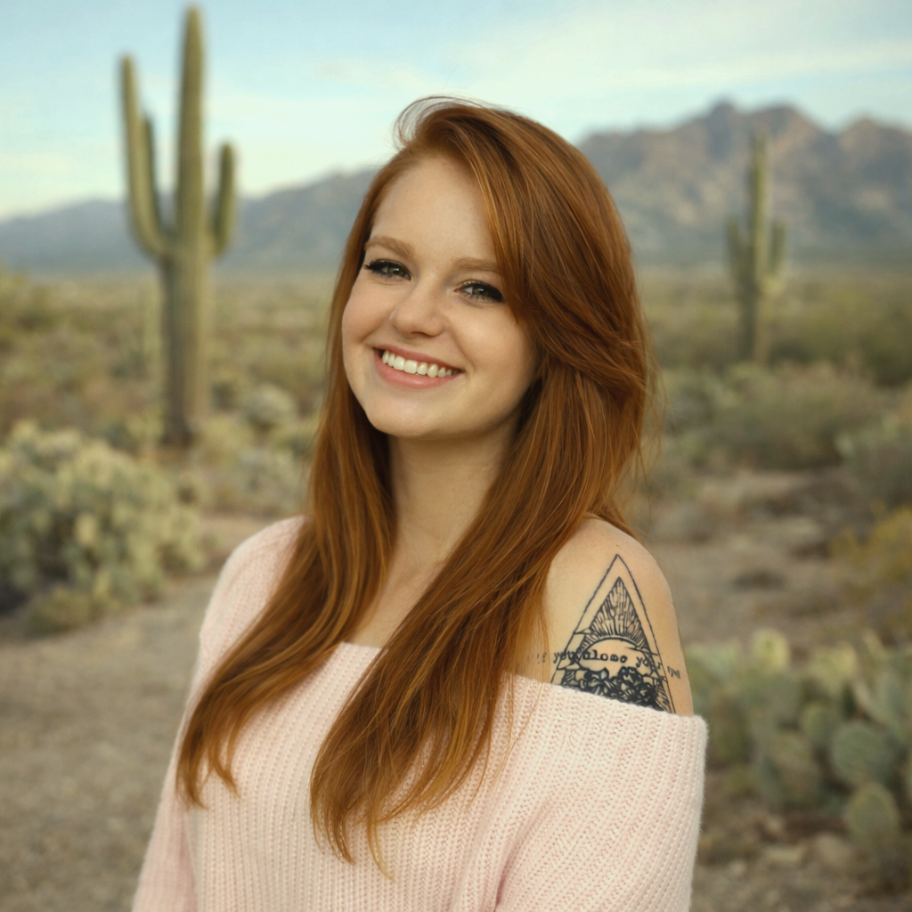 A woman with long red hair, green eyes, and a green sweater smiling outdoors in a desert landscape with mountains and cacti in the background.