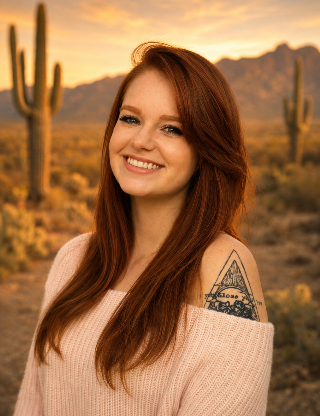A woman with long red hair, green eyes, and a green sweater smiling outdoors in a desert landscape with mountains and cacti in the background.