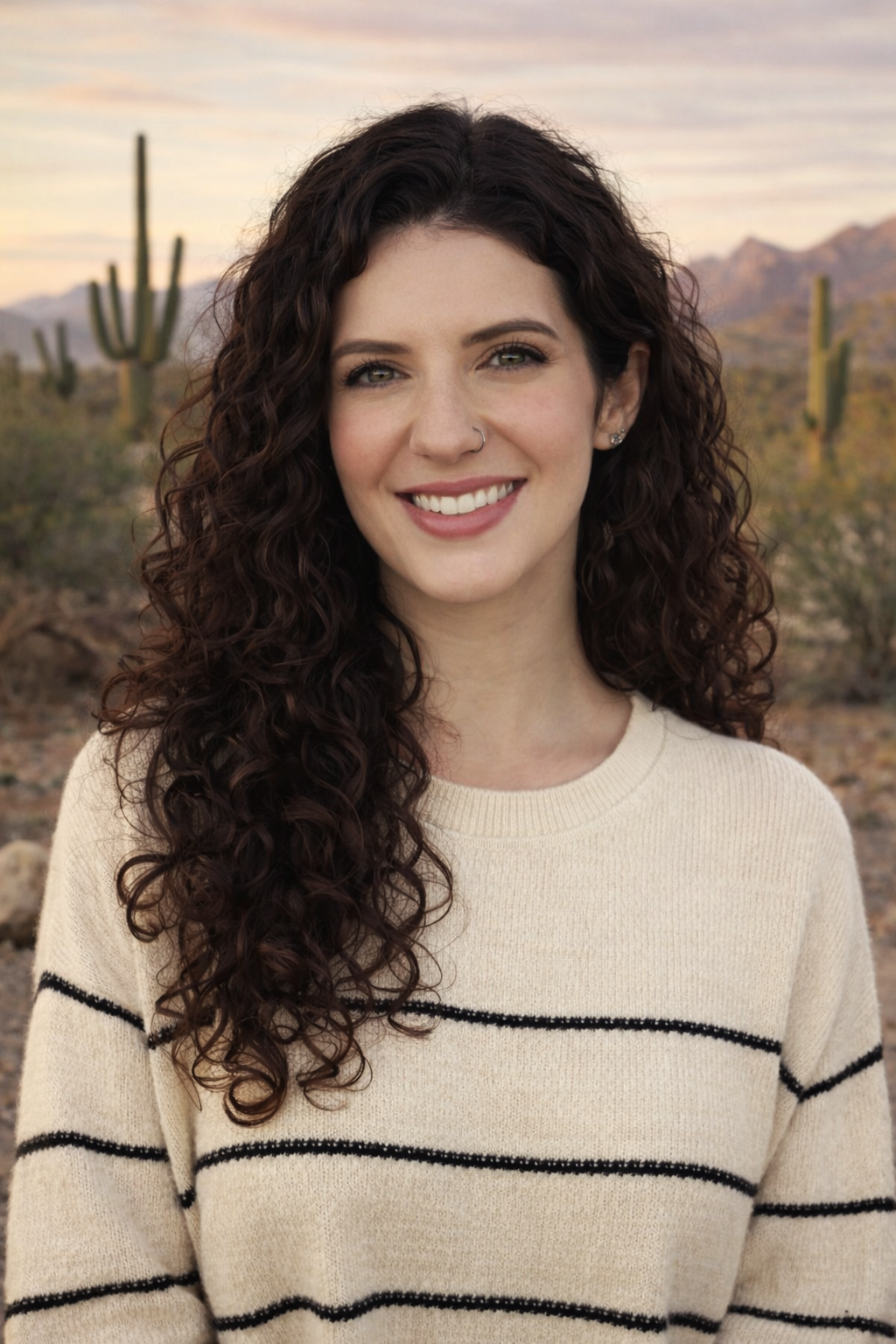 Woman in a green shirt standing in a desert landscape with cacti and mountains in the background.