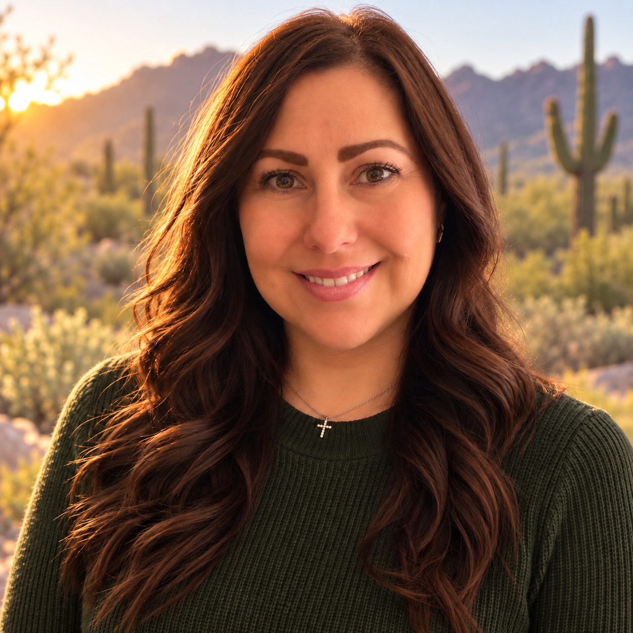 A woman with red hair, wearing large round glasses, smiling with mountains, cacti, and a sunset in the background.