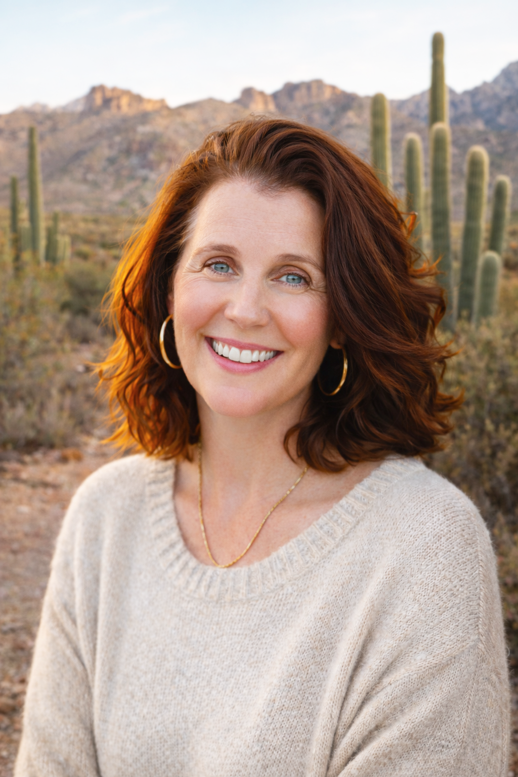 Woman smiling in a desert landscape with cacti in the background.