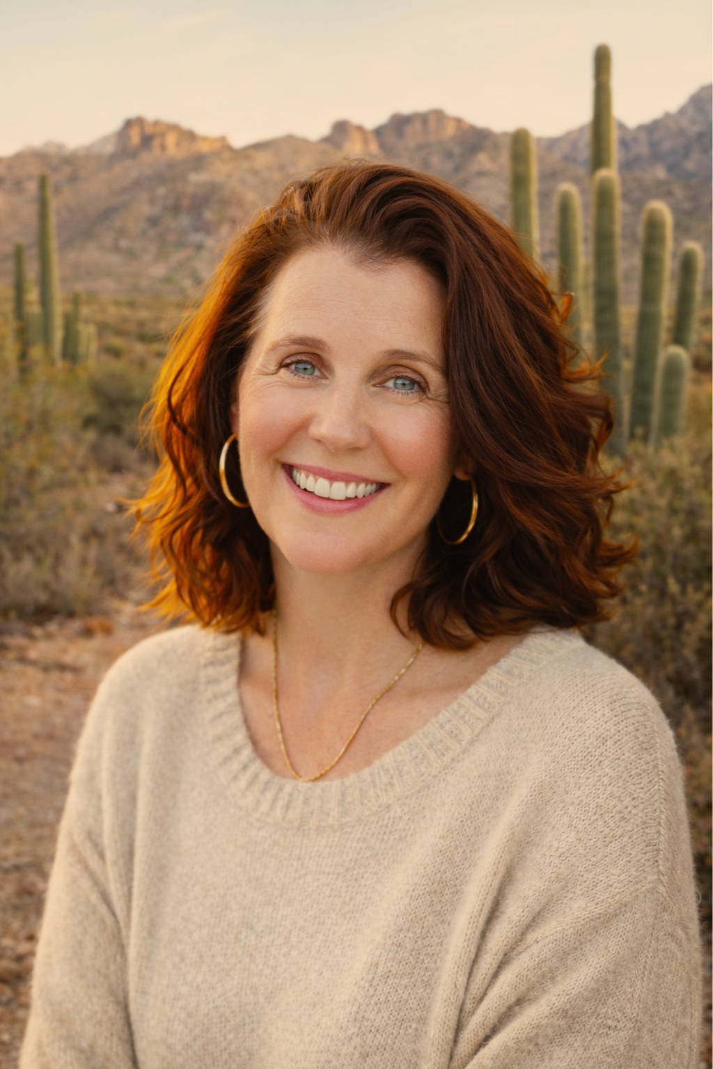 Woman smiling in a desert landscape with cacti in the background.