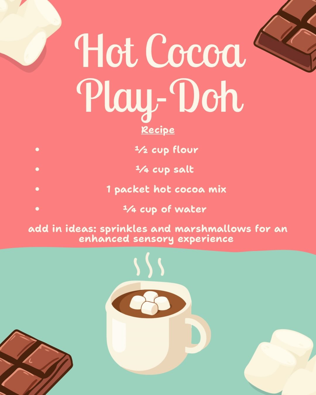 When it&rsquo;s too cold to go outside make some of this hot chocolate play doh with your child! The clients at the clinic have been loving it! Have fun mixing, rolling, cutting, and squishing this homemade play-doh 🍫🍫