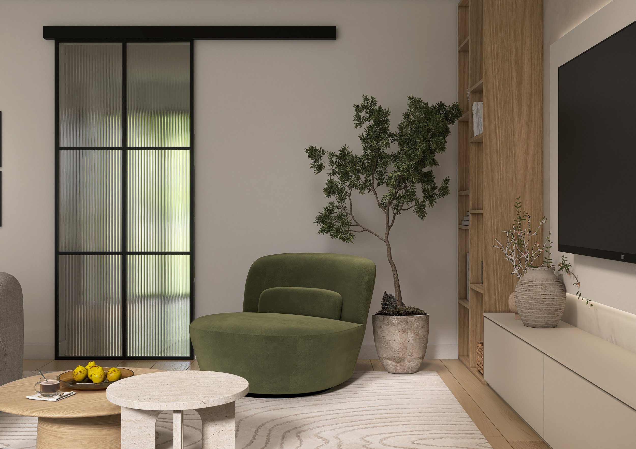Green Zen Home - Japandi inspiriertes Interior Design als 3D-Rendering - moderne Wohnwand mit Akzentsessel in Samtgrün und Glasschiebetür