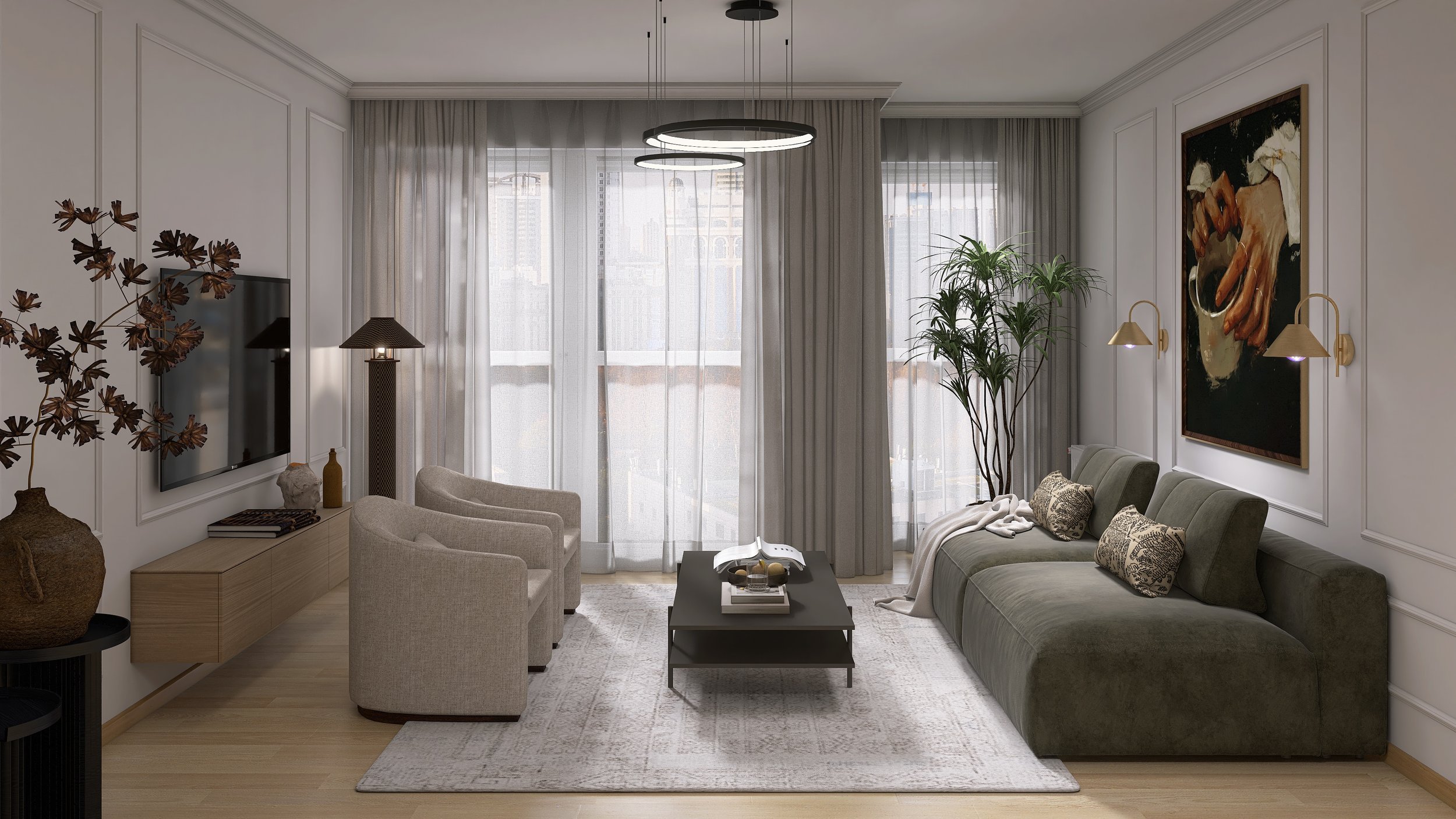 Rendering Fensterfront eines Wohnzimmer mit grünem Sofa und hellen Sesseln