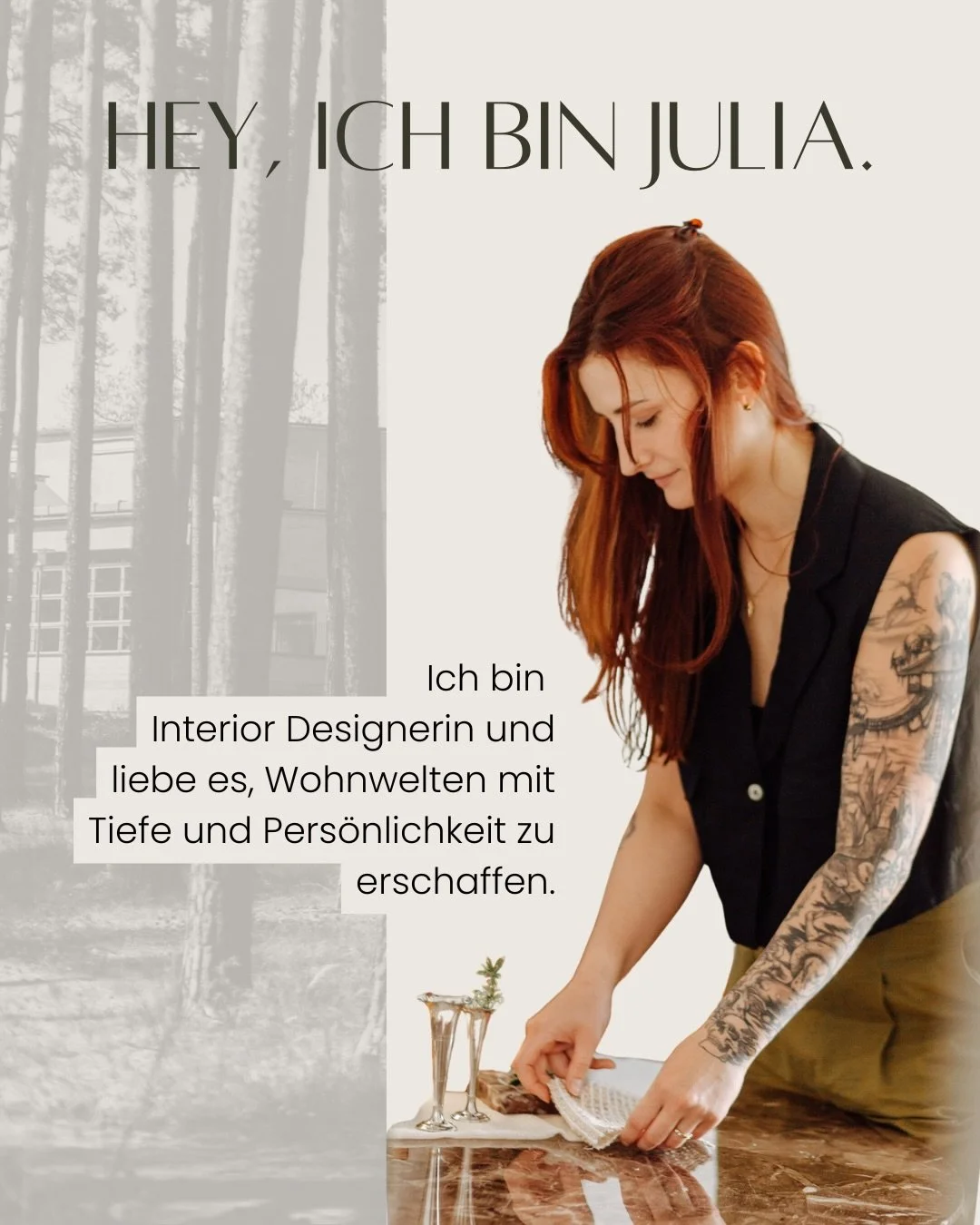 Als Interior Designerin liebe ich es besonders, aus vielen Ideen, Fundst&uuml;cken und Materialien ein Zuhause zu formen, das sich ganz individuell nach dir anf&uuml;hlt.

Dabei darf es unperfekt sein und muss nicht aussehen wie von der Stange.

Wenn