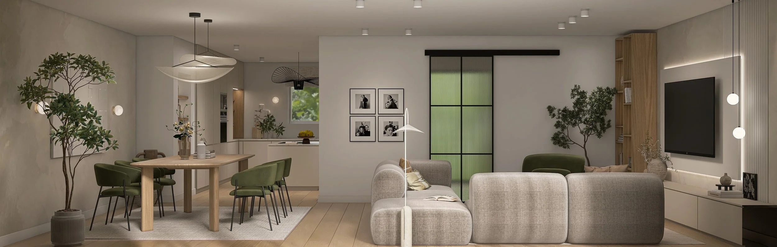 Green Zen Home - Japandi inspiriertes Interior Design als 3D-Rendering - Seitenansicht des Wohnraumes mit Holzesstisch, hellgrauer couch und moderner Wohnwand. Akzente in Samtgrün